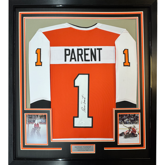 Framed Autographed/Signed Bernie Parent 35x39 Philadelphia Orange Hockey Jersey JSA COA - Golden Apple Comics
