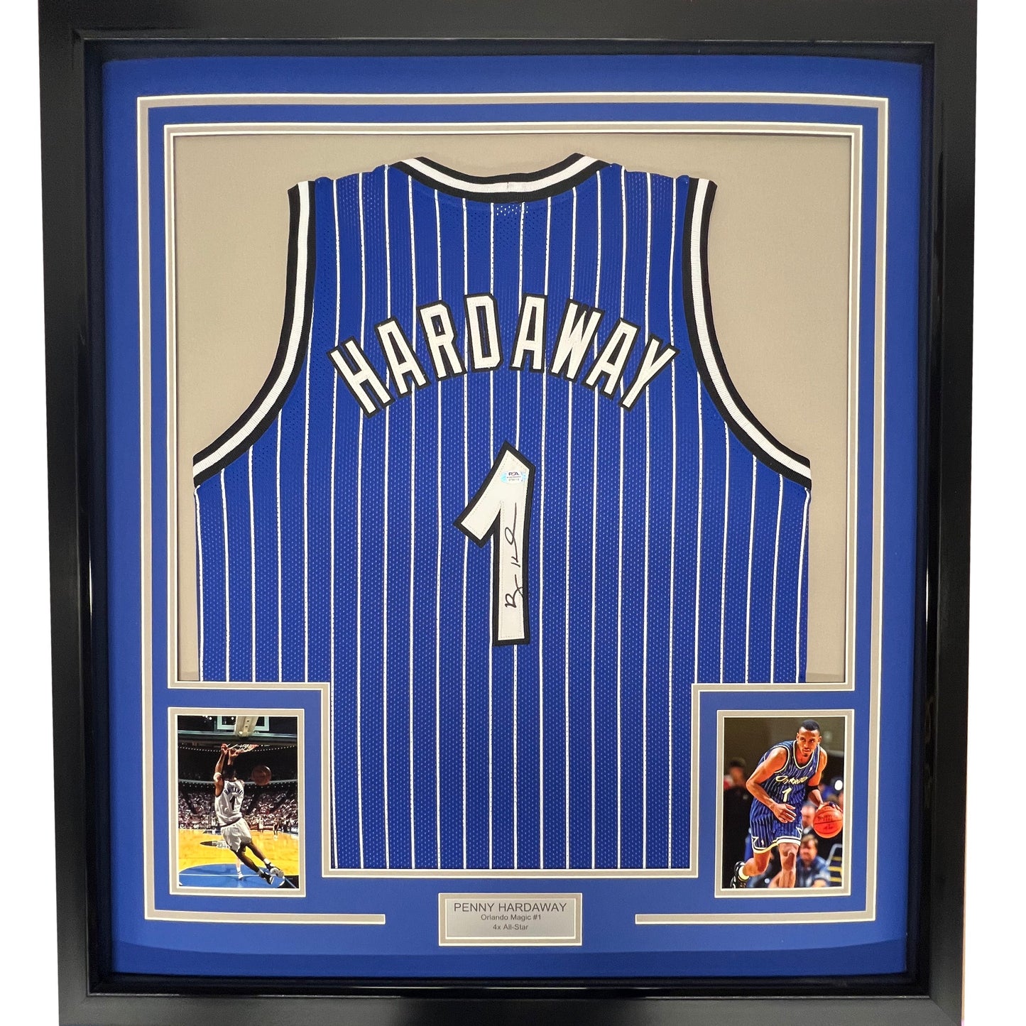 Framed Autographed/Signed Anfernee Penny Hardaway 35x39 Orlando Blue Pinstripe Basketball Jersey PSA/DNA COA