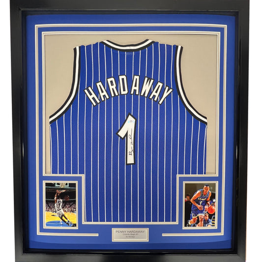 Framed Autographed/Signed Anfernee Penny Hardaway 35x39 Orlando Blue Pinstripe Basketball Jersey PSA/DNA COA
