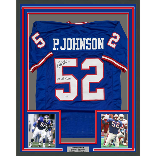 Framed Autographed/Signed Pepper Johnson 2x SB Champ 35x39 New York Blue Football Jersey Beckett BAS COA