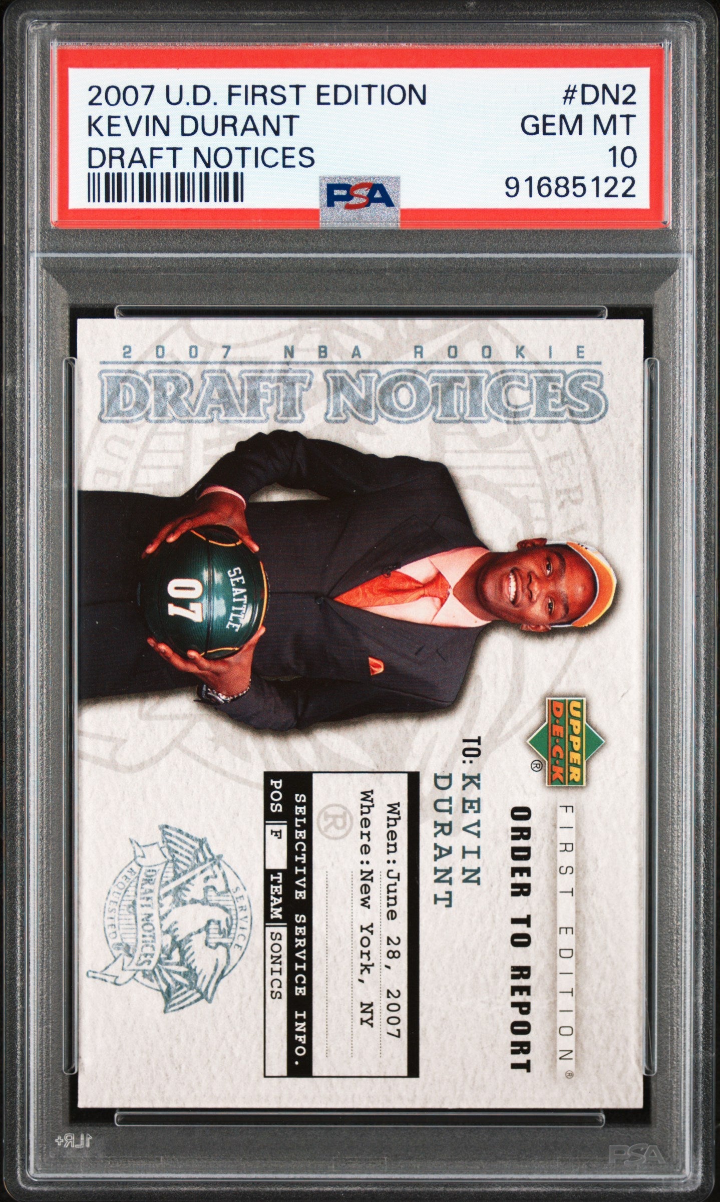 Graded 2007 Upper Deck Kevin Durant #DN2 Draft Notices Rookie RC Basketball Card PSA 10 Gem Mint
