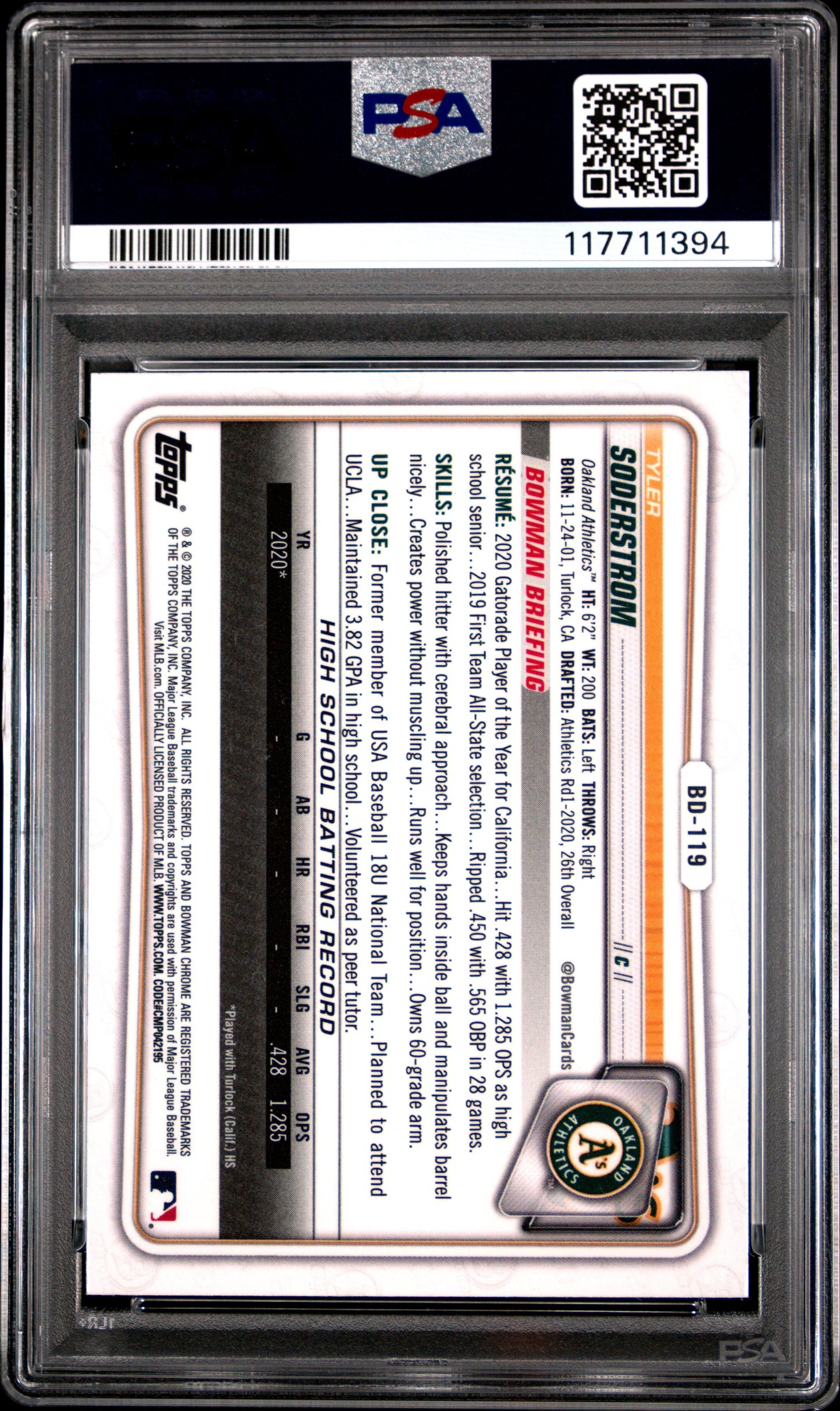 Graded 2020 Topps Bowman Draft Tyler Soderstrom #BD119 Chrome Rookie RC Baseball Card PSA 9 Mint