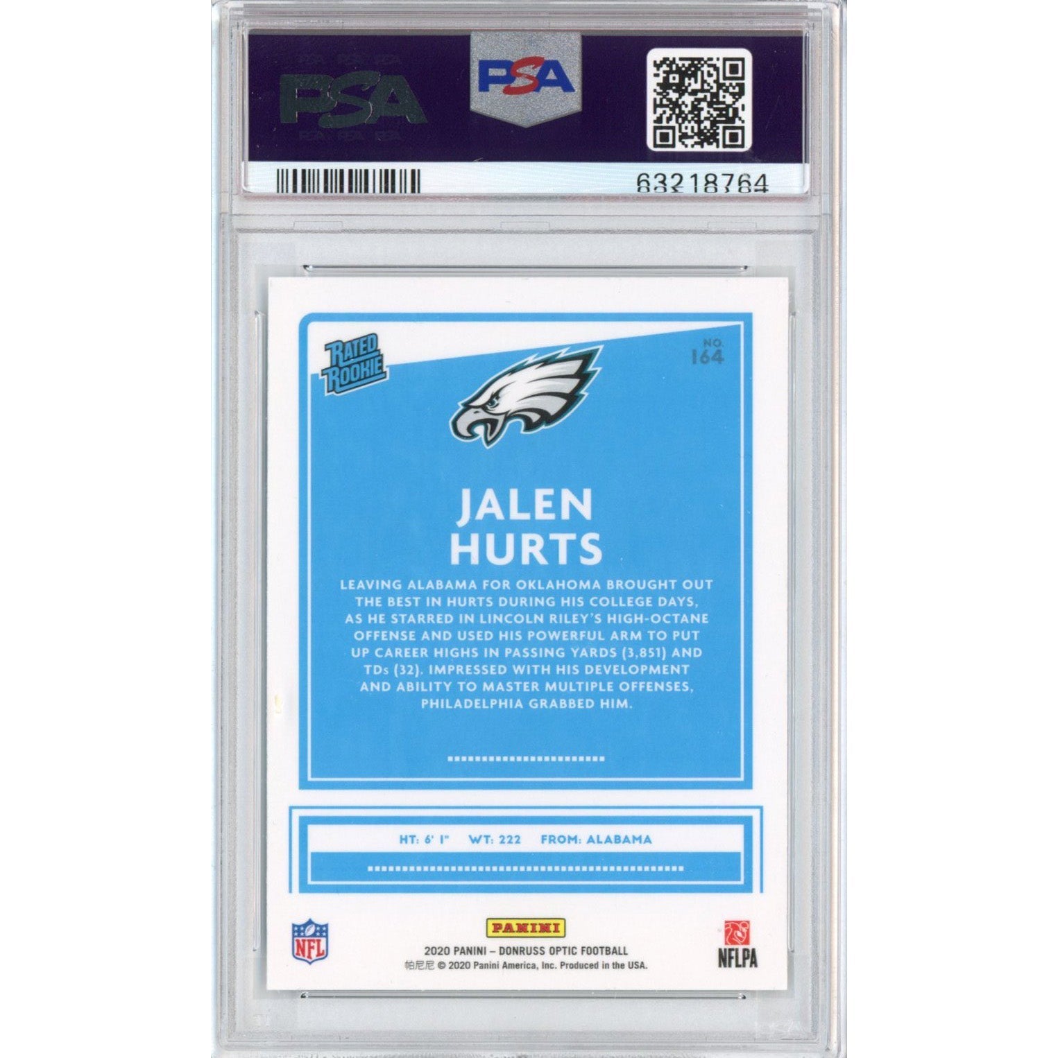 jalen hurts graded rookie card Graded 2020 Panini Donruss Optic Jalen Hurts #164 Rookie RC Football C