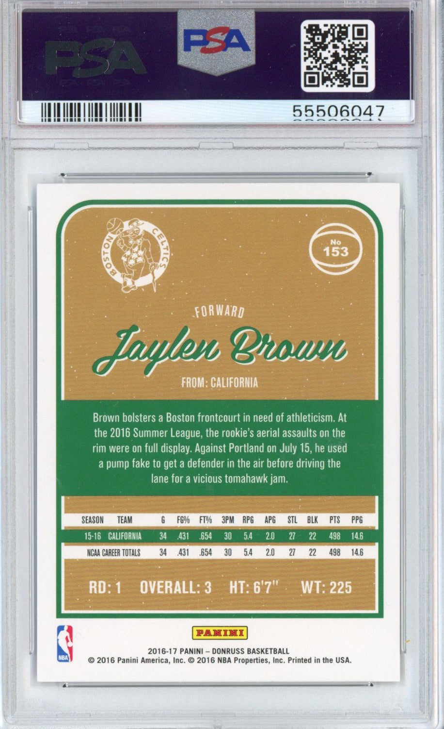 Graded 2016-17 Panini Donruss Jaylen Brown #153 Rookie RC Basketball Card PSA 10 Gem Mint
