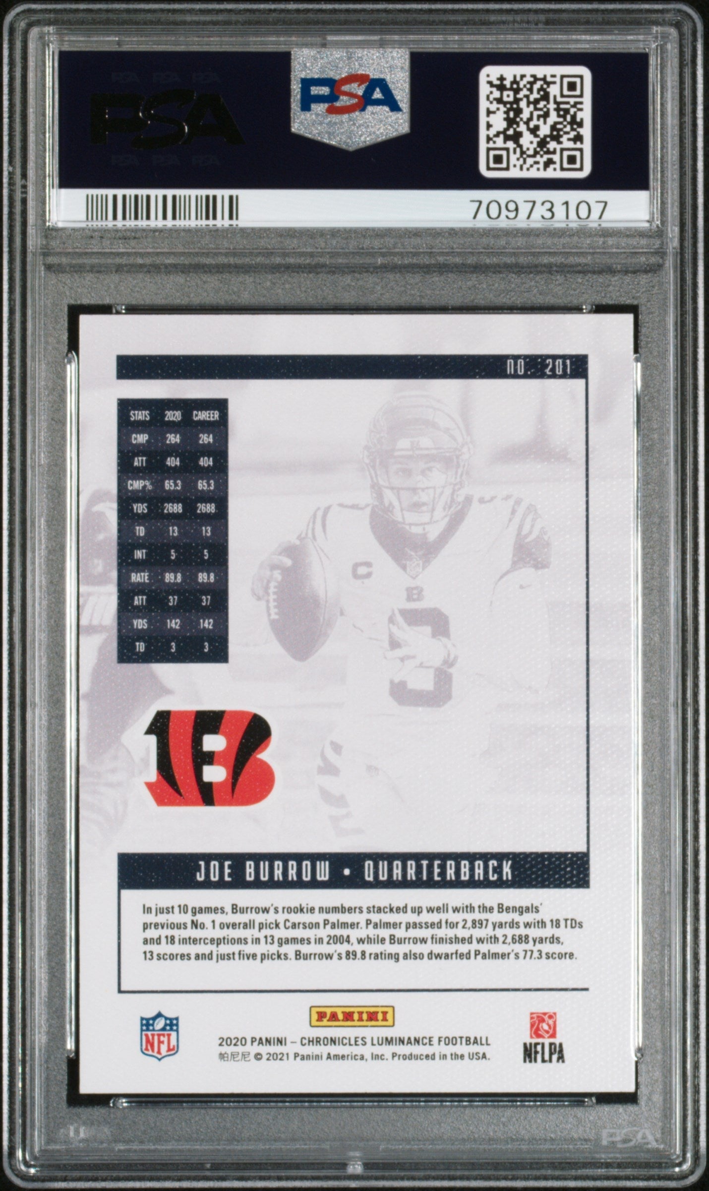 Graded 2020 Panini Chronicles Joe Burrow #201 Luminance Rookie RC Football Card PSA 10 Gem Mint