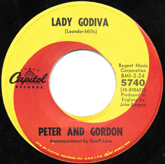 Peter And Gordon – Lady Godiva / Morning's Calling Vinyl 7" Record *Used 1966 Release*