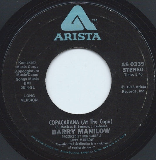 Barry Manilow – Copacabana (At The Copa) Vinyl 7" Record *Used 1978 Release*