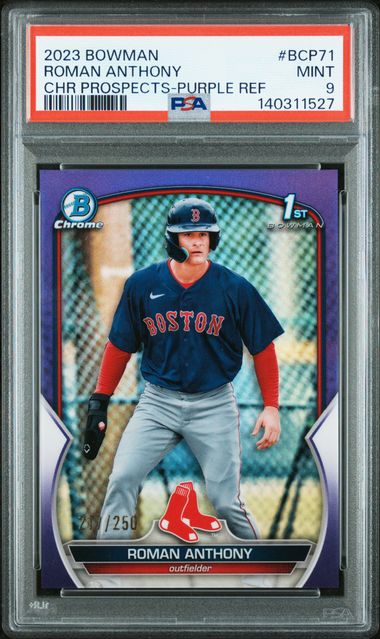Graded 2023 Topps Bowman Roman Anthony #BCP71 /250 Chrome Prospects Purple Refractor Rookie RC Baseball Card PSA 9 Mint