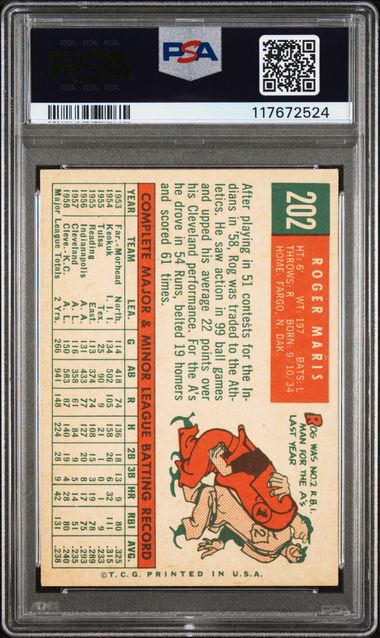 Graded 1959 Topps Roger Maris #202 White Back 2nd Year Baseball Card PSA 5 Excellent