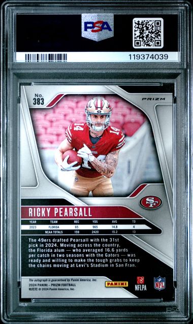 Graded 2024 Panini Prizm Ricky Pearsall #383 Pink Prizm Autograph Rookie RC Football Card PSA 9 Mint