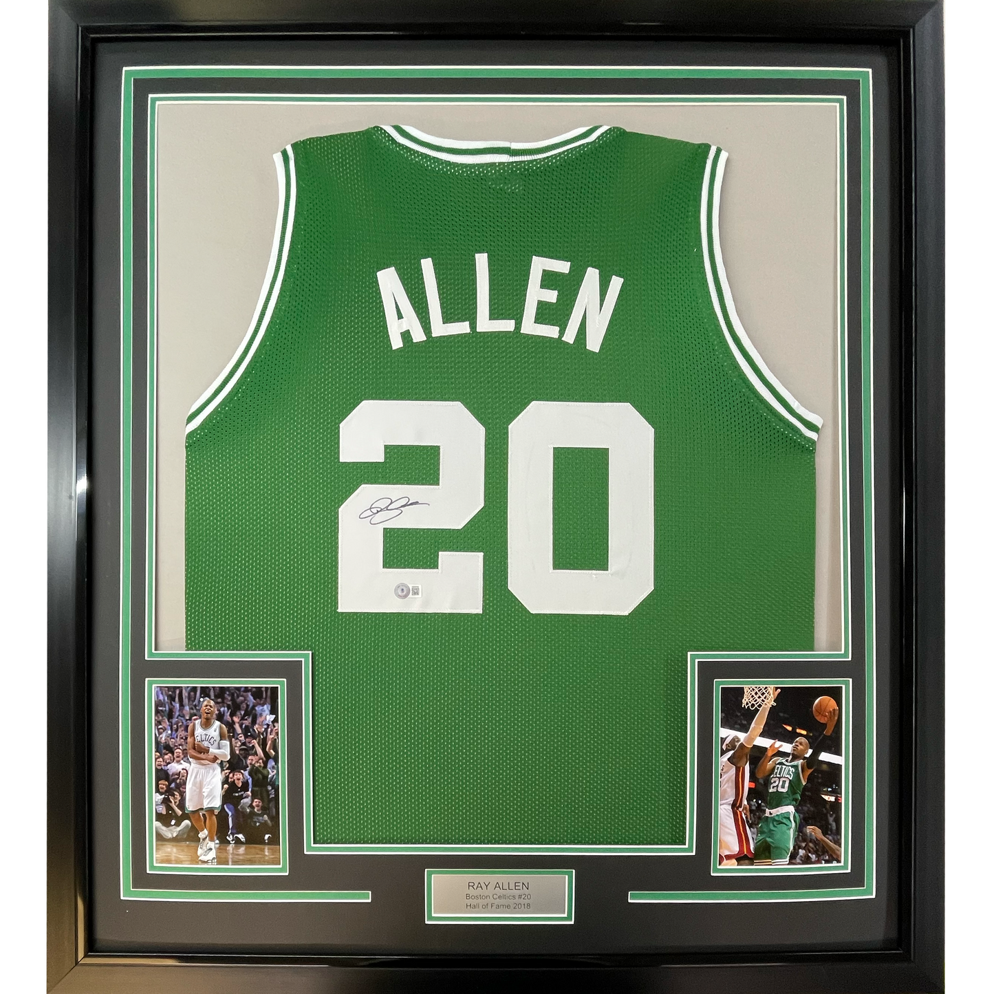Framed Autographed/Signed Ray Allen 35x39 Boston Green Basketball Jersey Beckett BAS COA