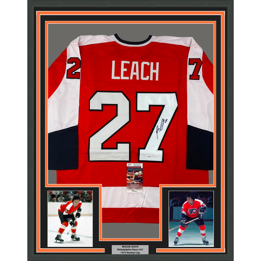 Framed Autographed/Signed Reggie Leach 35x39 Philadelphia Orange Hockey Jersey JSA COA - Golden Apple Comics