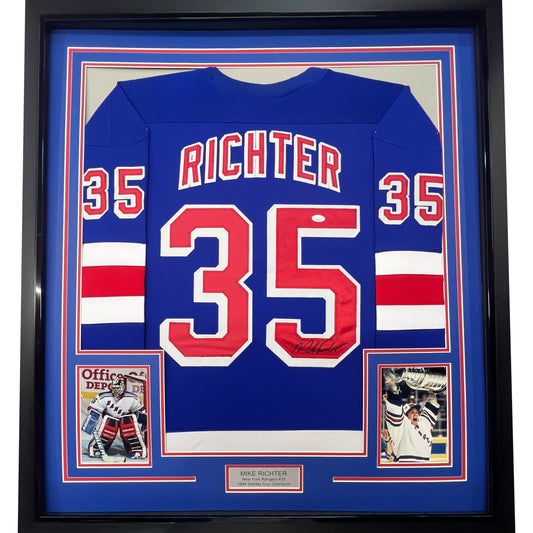 Framed Autographed/Signed Mike Richter 35x39 New York Blue Hockey Jersey PSA/DNA COA - Golden Apple Comics