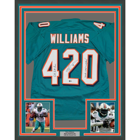 Framed Autographed/Signed Ricky Williams 35x39 Smoke Weed Everyday Puff Puff Run #420 Inscribed Miami Teal Football Jersey Beckett BAS COA - Golden Apple Comics
