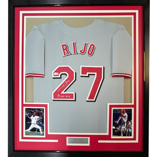 Framed Autographed/Signed Jose Rijo 90 WS MVP 35x39 Cincinnati Grey Baseball Jersey Beckett BAS COA