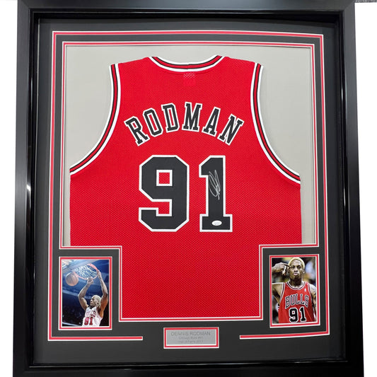 Framed Autographed/Signed Dennis Rodman 35x39 Chicago Red Basketball Jersey JSA COA