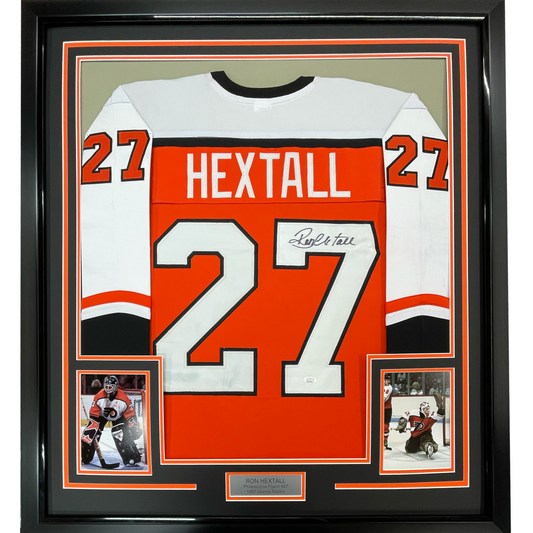 Framed Autographed/Signed Ron Hextall 35x39 Philadelphia Orange Hockey Jersey JSA COA - Golden Apple Comics