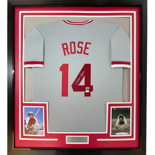 Framed Autographed/Signed Pete Rose 35x39 Cincinnati Grey Baseball Jersey JSA COA