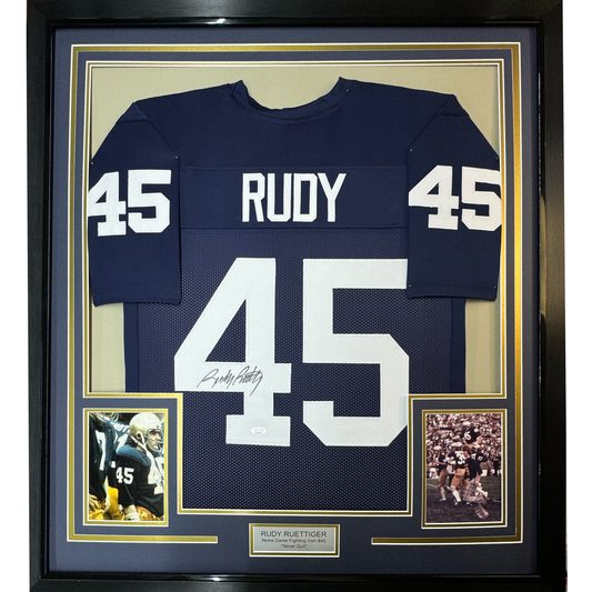 Framed Autographed/Signed Rudy Ruettiger 35x39 Notre Dame Blue Rudy College Football Jersey JSA COA