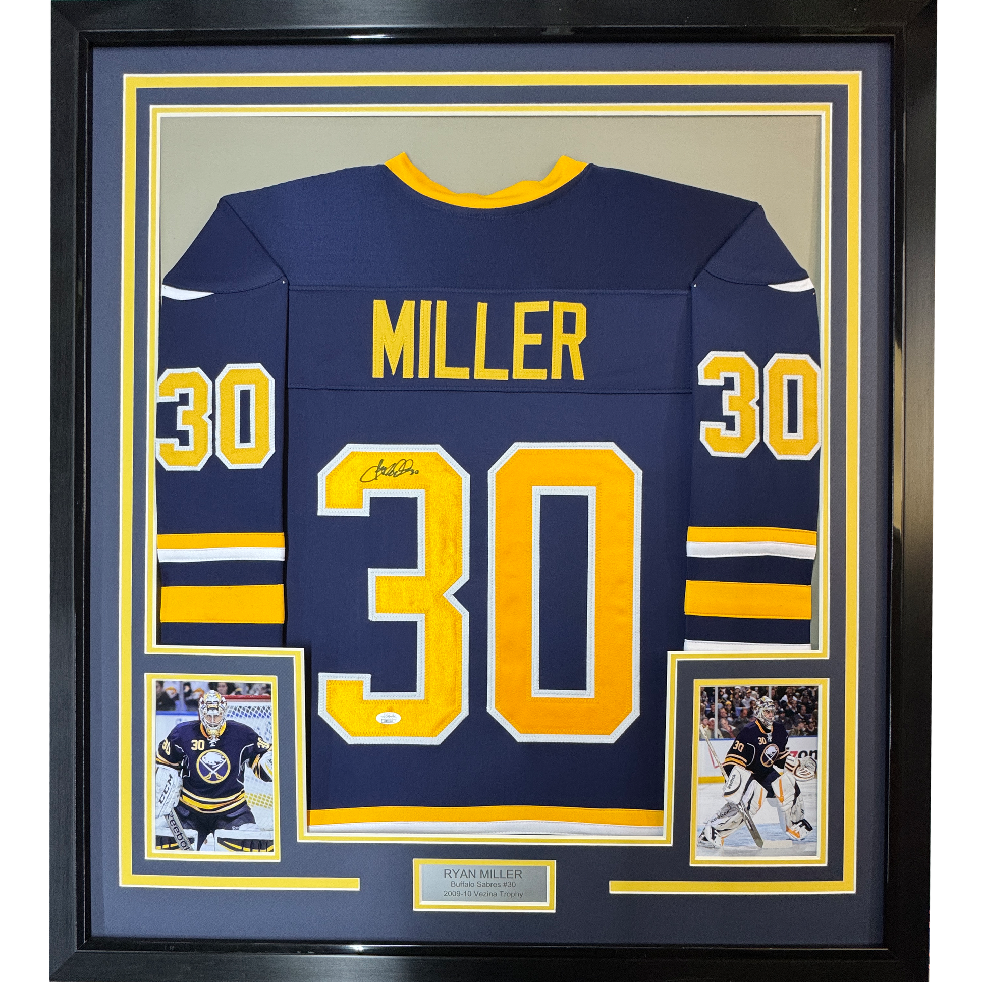 Framed Autographed/Signed Ryan Miller 35x39 Buffalo Blue Hockey Jersey JSA COA - Golden Apple Comics