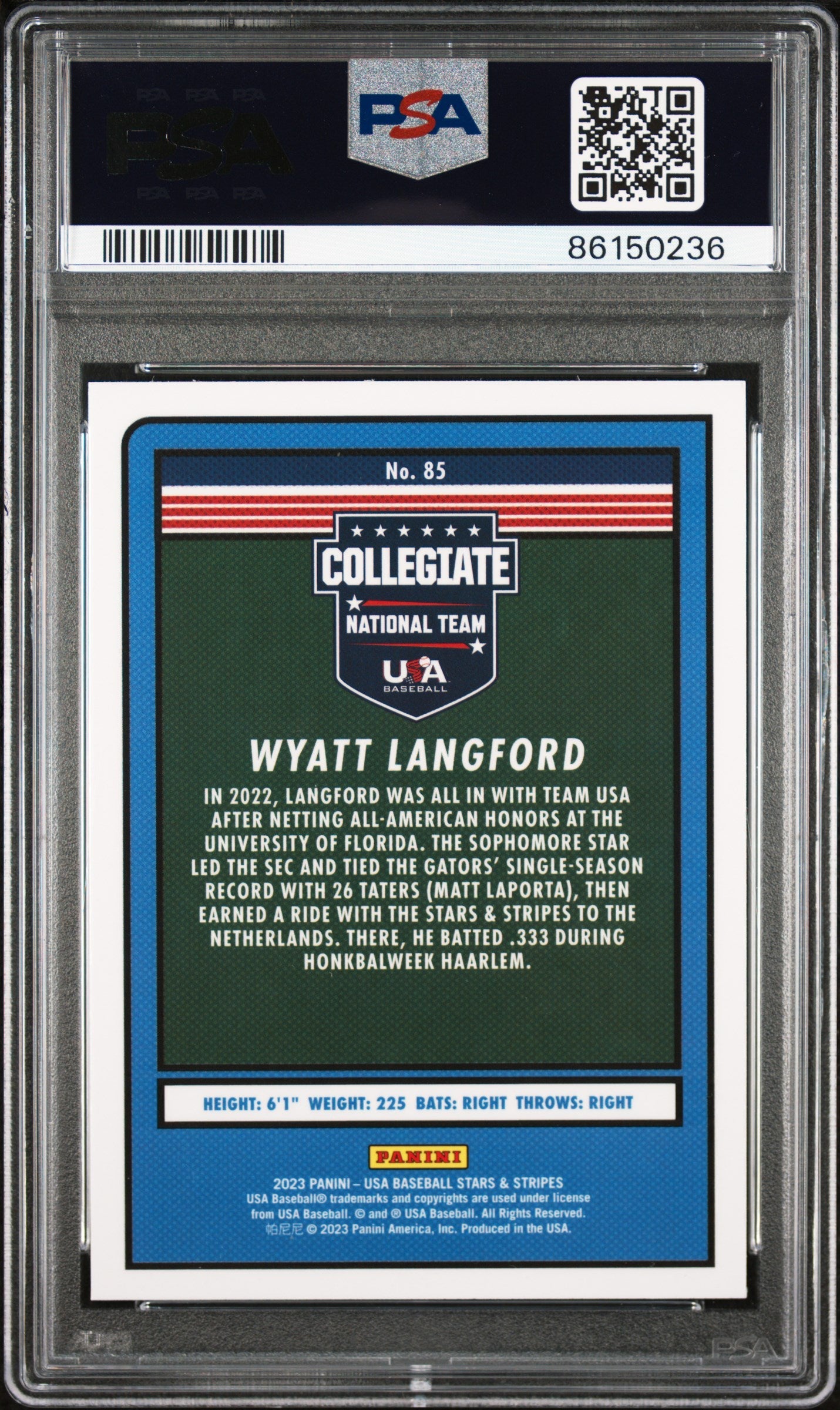 Graded 2023 Panini Stars & Stripes USA Wyatt Langford #85 Rookie RC Baseball Card PSA 10 Gem Mint - Golden Apple Comics