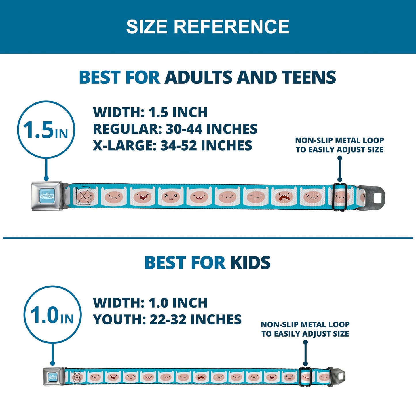 ADVENTURE TIME Title Logo Full Color Blue/White Seatbelt Belt - Adventure Time Finn Expressions Blue Webbing