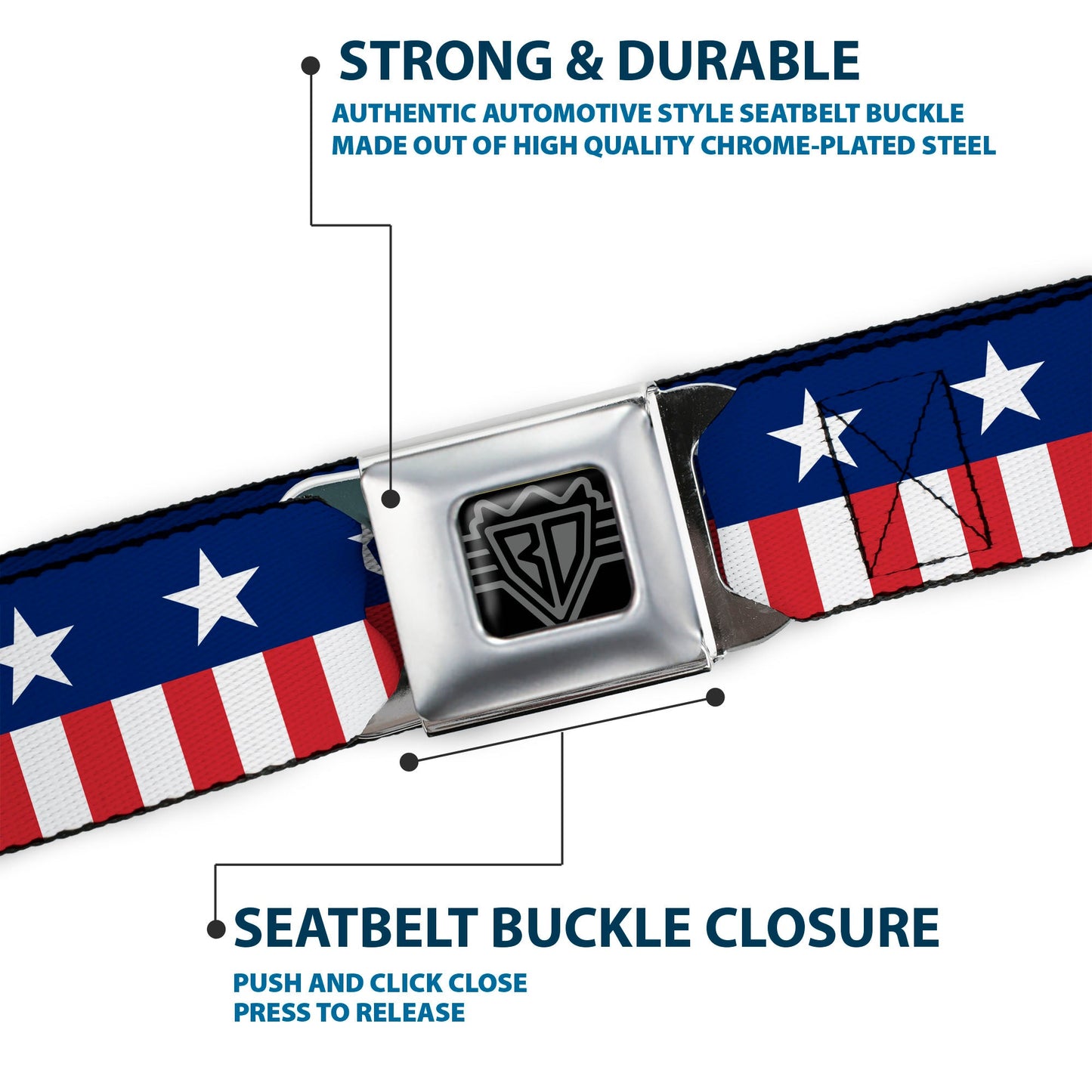 BD Wings Logo CLOSE-UP Full Color Black Silver Seatbelt Belt - Americana Stars & Stripes2 Blue/White/Red/White Webbing