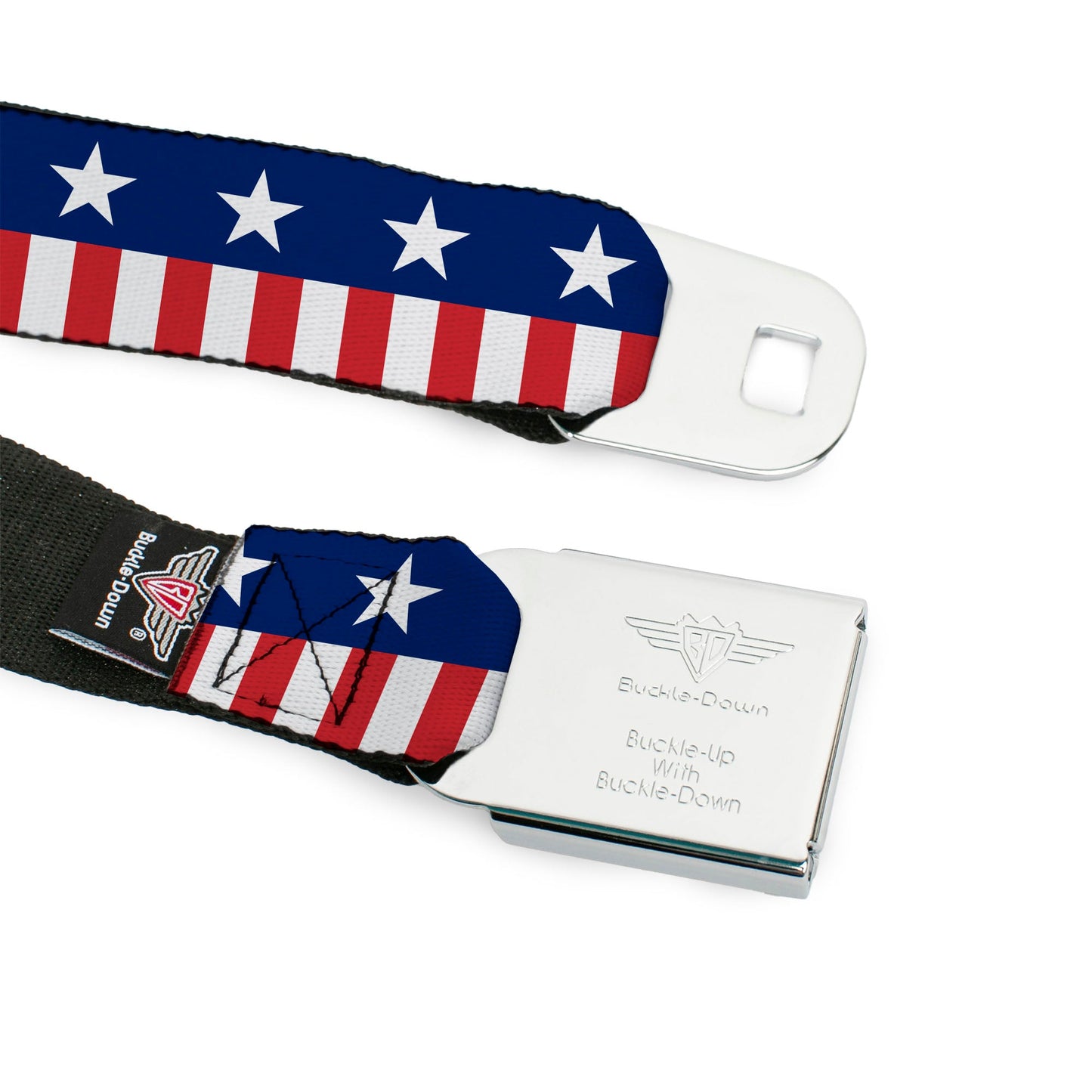 BD Wings Logo CLOSE-UP Full Color Black Silver Seatbelt Belt - Americana Stars & Stripes2 Blue/White/Red/White Webbing