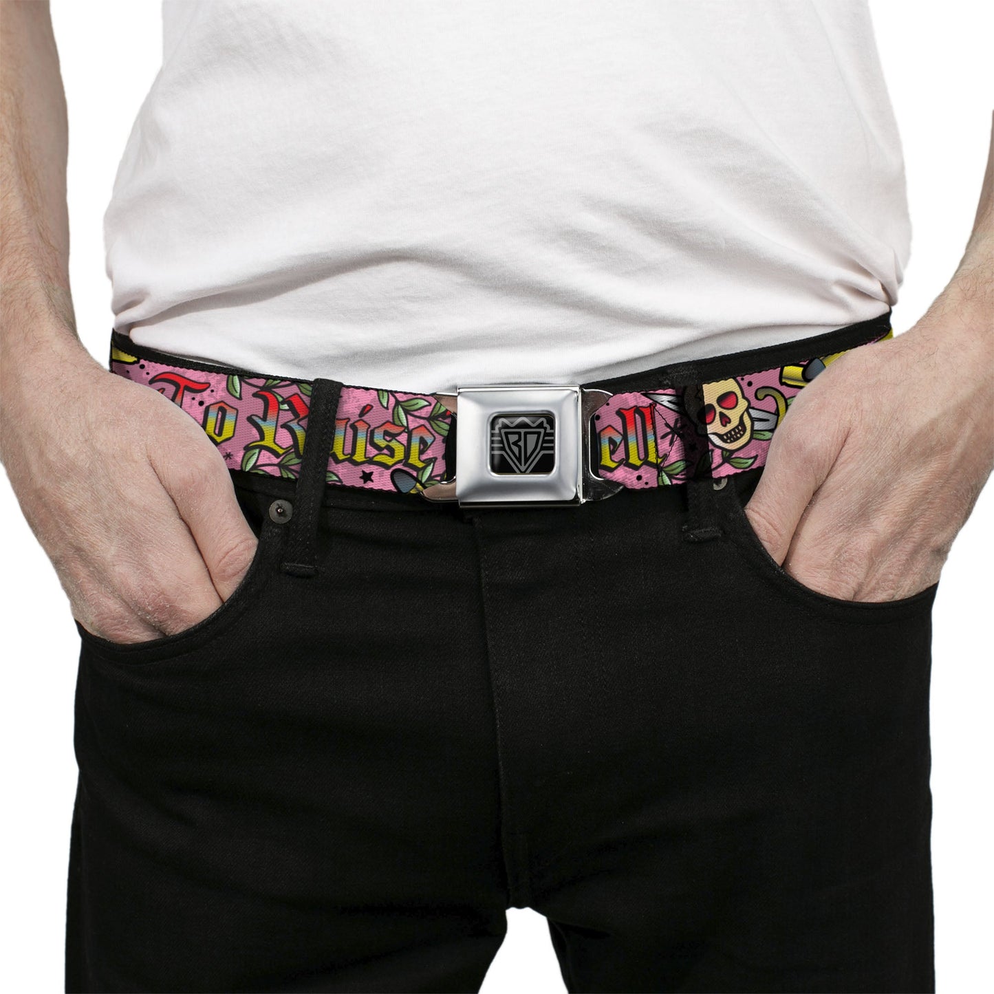 BD Wings Logo CLOSE-UP Full Color Black Silver Seatbelt Belt - Born to Raise Hell Pink Webbing