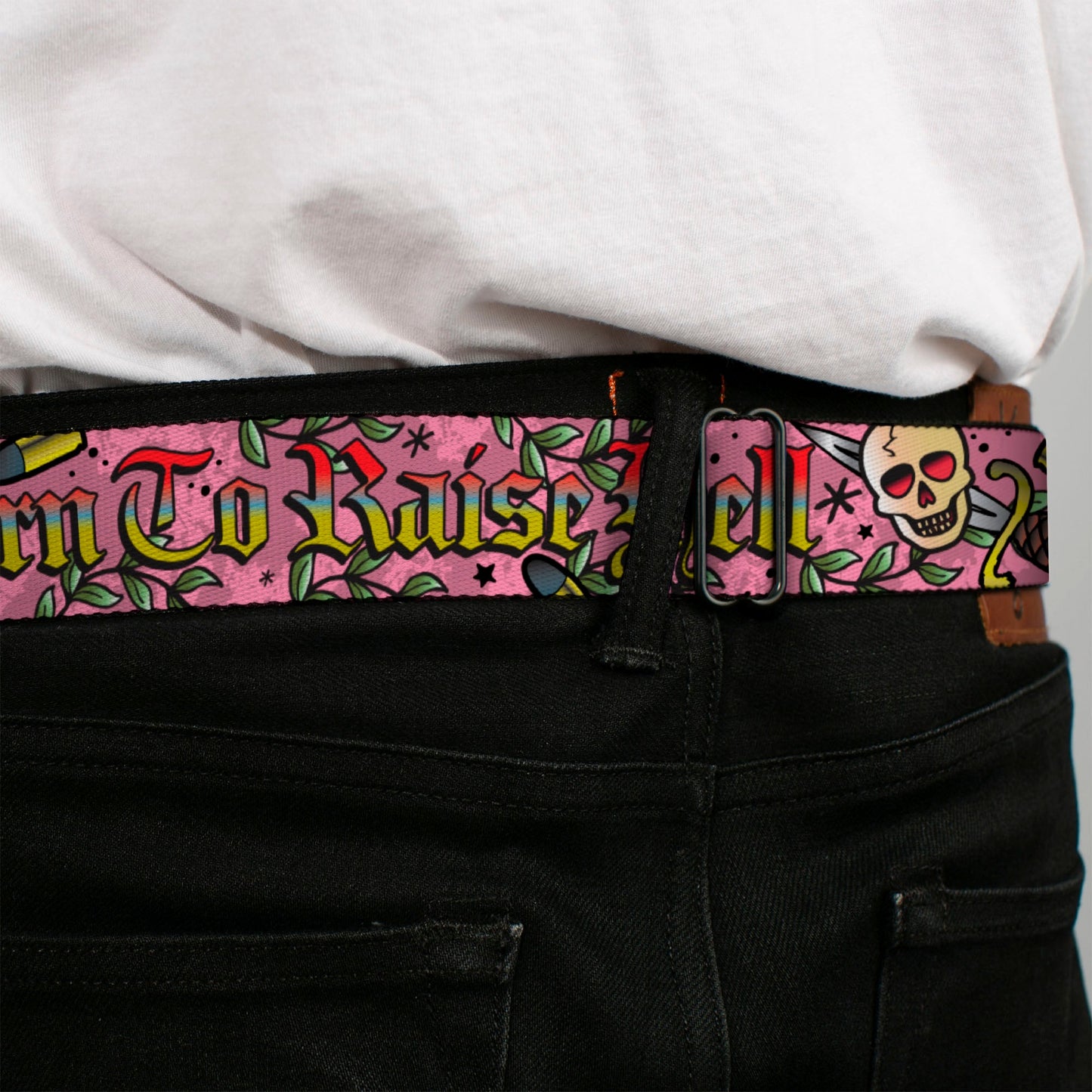 BD Wings Logo CLOSE-UP Full Color Black Silver Seatbelt Belt - Born to Raise Hell Pink Webbing