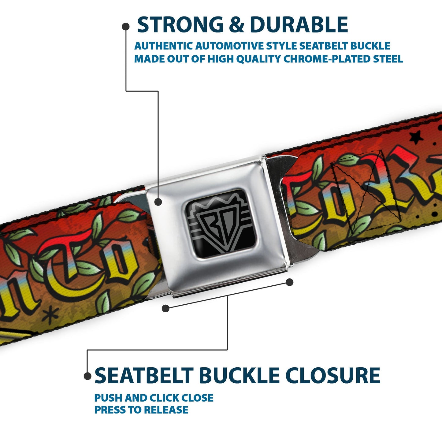 BD Wings Logo CLOSE-UP Full Color Black Silver Seatbelt Belt - Born to Raise Hell Red Webbing