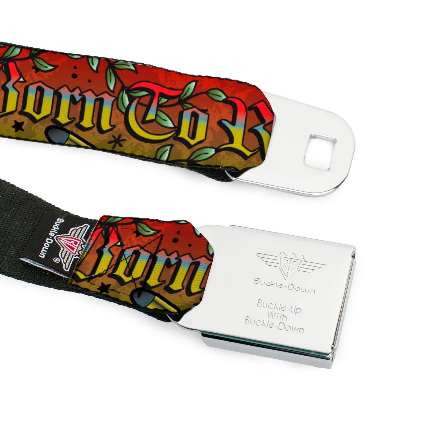 BD Wings Logo CLOSE-UP Full Color Black Silver Seatbelt Belt - Born to Raise Hell Red Webbing