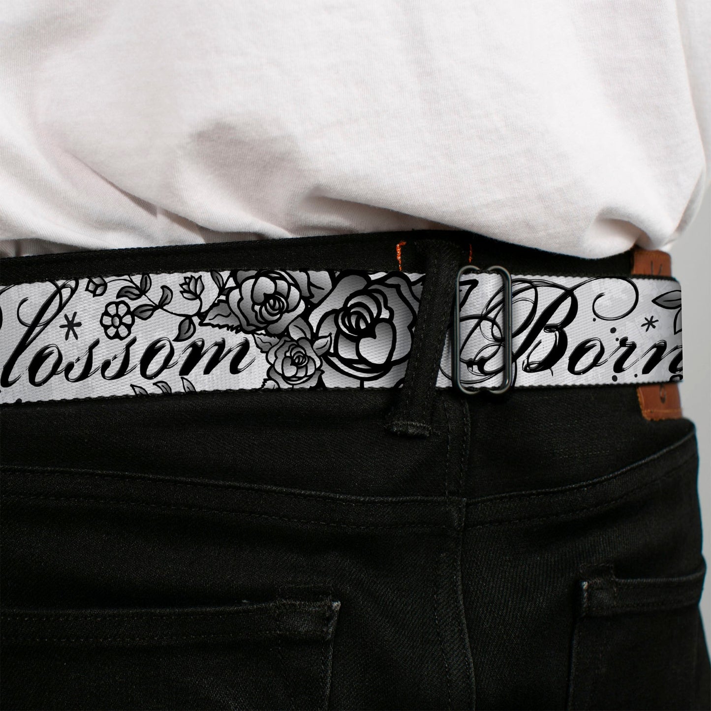 BD Wings Logo CLOSE-UP Full Color Black Silver Seatbelt Belt - Born to Blossom Black/White Webbing