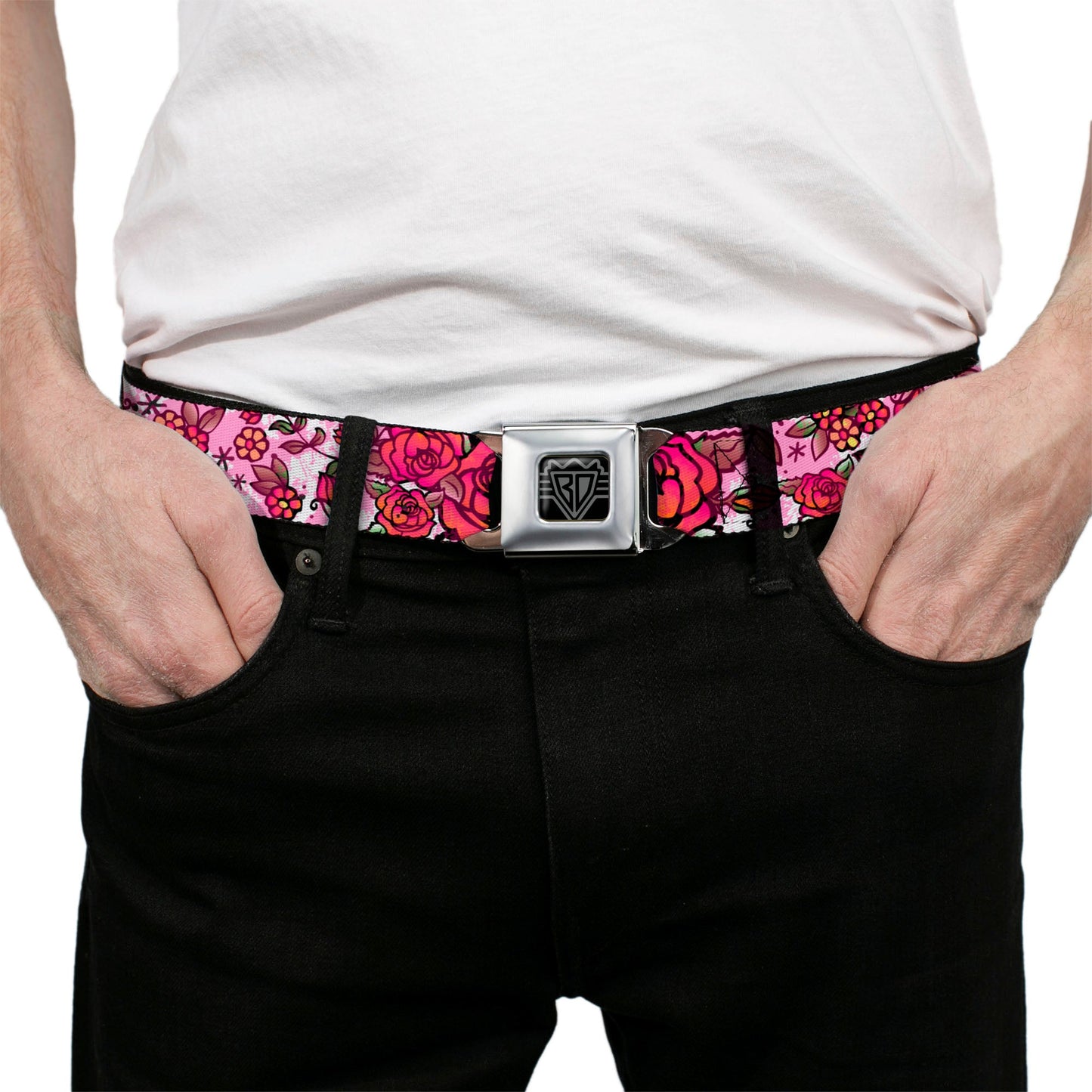 BD Wings Logo CLOSE-UP Full Color Black Silver Seatbelt Belt - Born to Blossom CLOSE-UP White Webbing