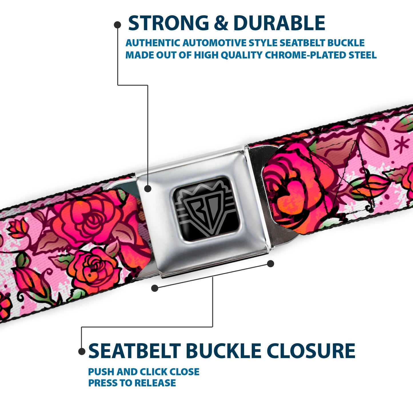 BD Wings Logo CLOSE-UP Full Color Black Silver Seatbelt Belt - Born to Blossom CLOSE-UP White Webbing
