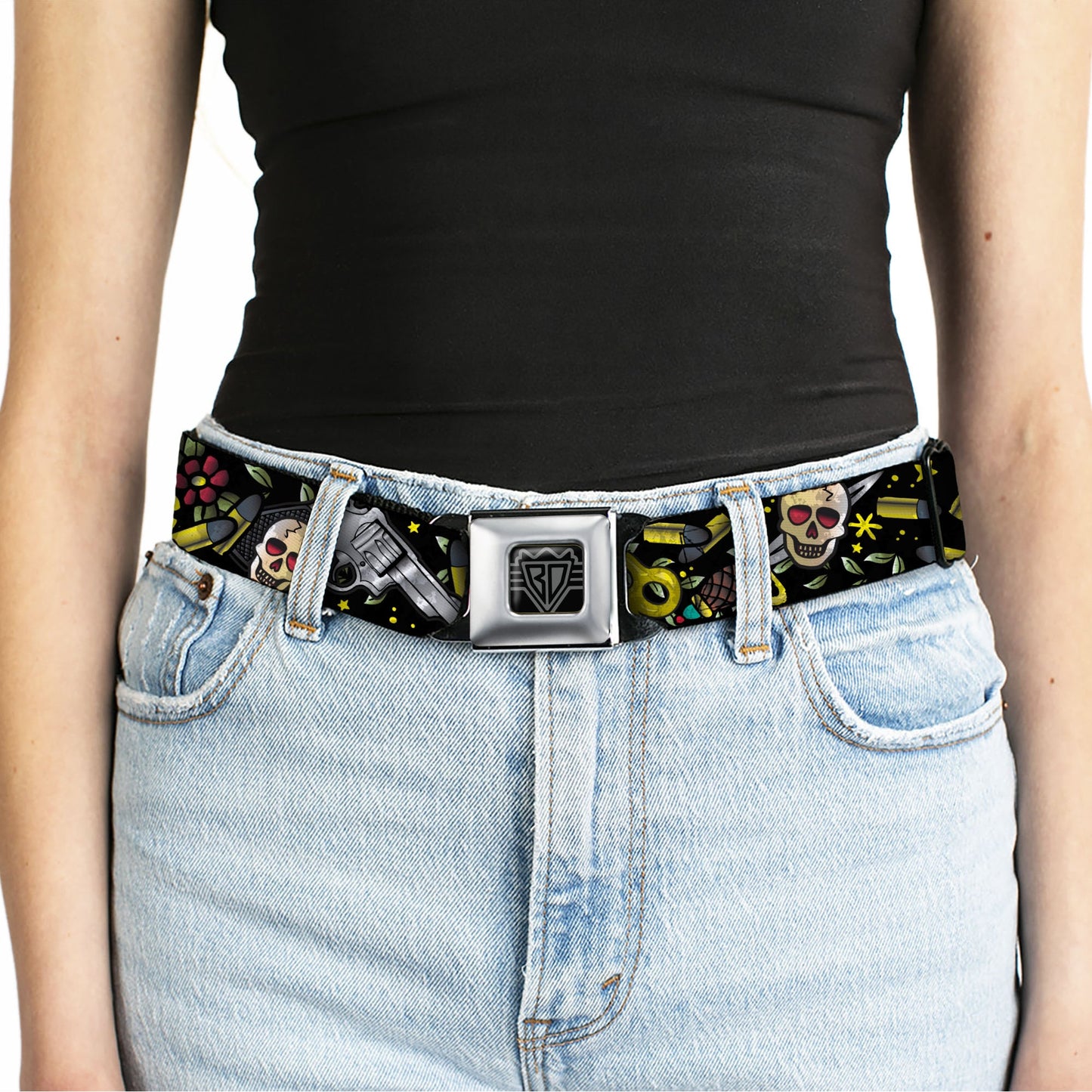 BD Wings Logo CLOSE-UP Full Color Black Silver Seatbelt Belt - Born to Raise Hell CLOSE-UP Black Webbing