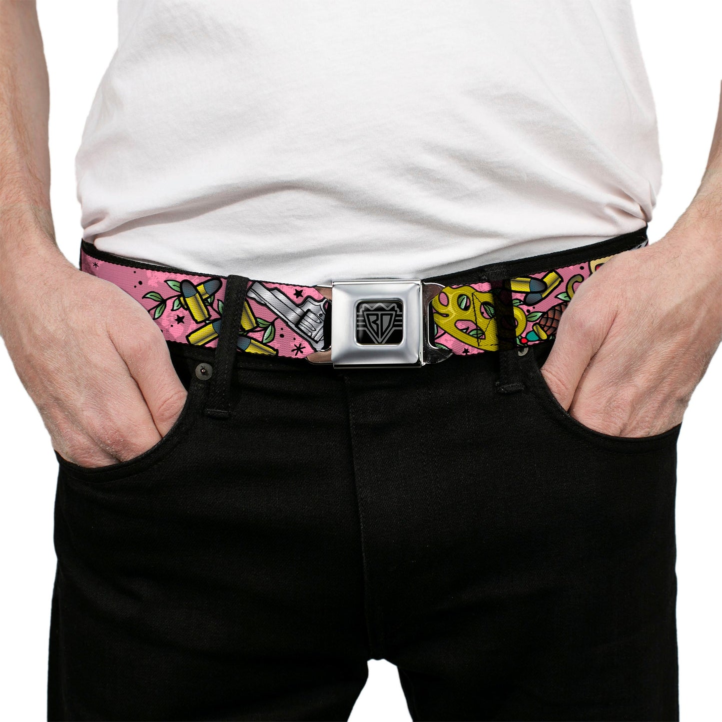 BD Wings Logo CLOSE-UP Full Color Black Silver Seatbelt Belt - Born to Raise Hell CLOSE-UP Pink Webbing