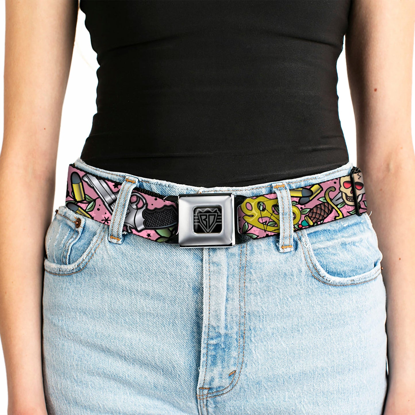 BD Wings Logo CLOSE-UP Full Color Black Silver Seatbelt Belt - Born to Raise Hell CLOSE-UP Pink Webbing