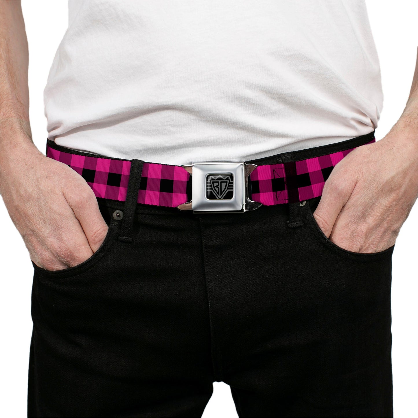 BD Wings Logo CLOSE-UP Full Color Black Silver Seatbelt Belt - Buffalo Plaid Black/Fuchsia Webbing