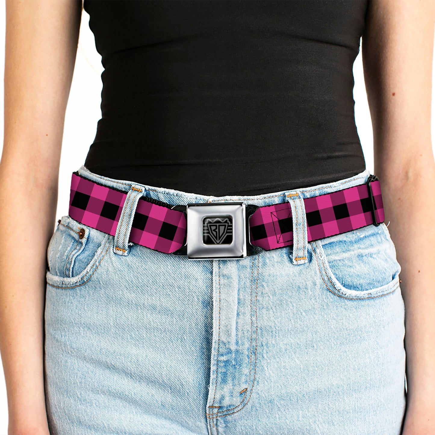 BD Wings Logo CLOSE-UP Full Color Black Silver Seatbelt Belt - Buffalo Plaid Black/Fuchsia Webbing