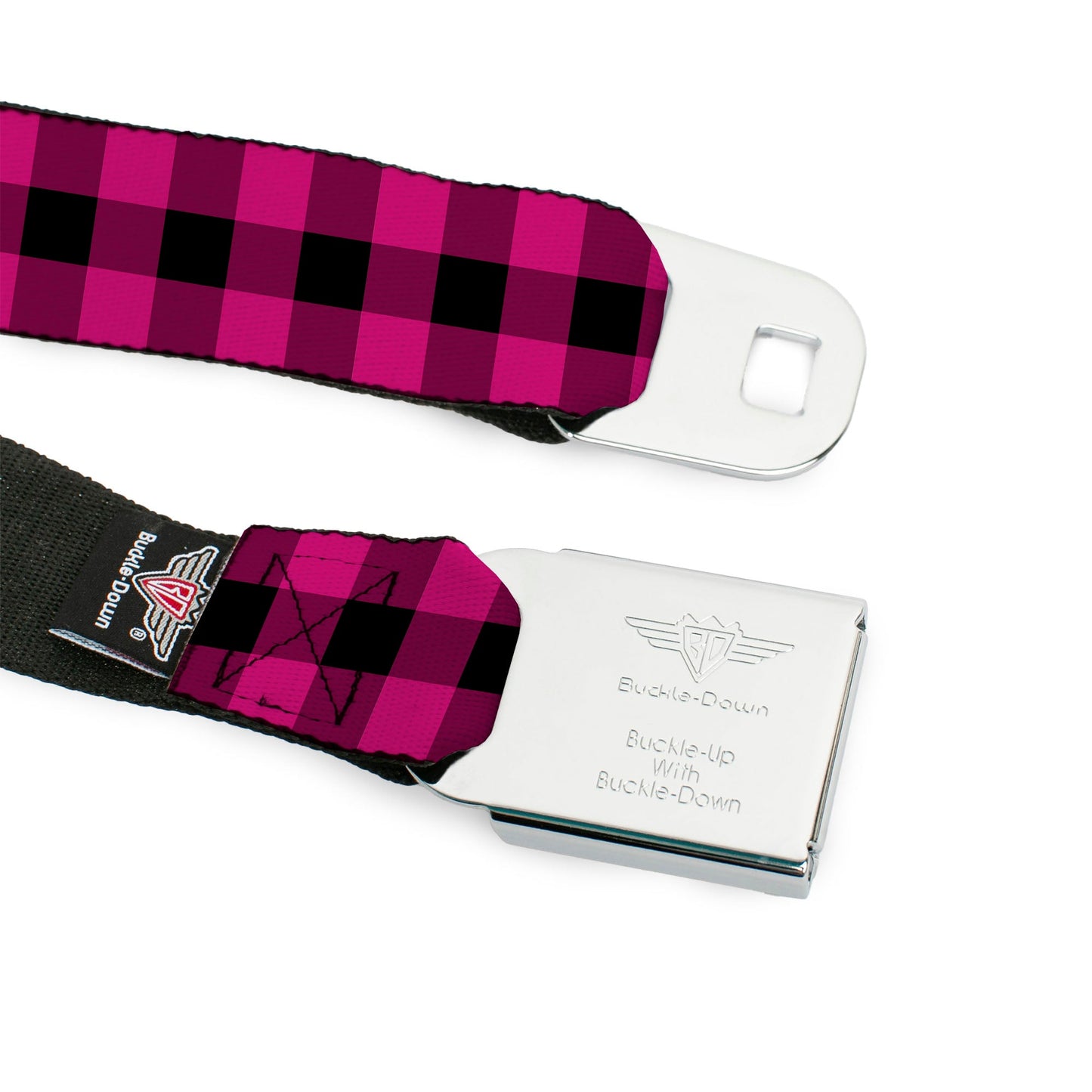 BD Wings Logo CLOSE-UP Full Color Black Silver Seatbelt Belt - Buffalo Plaid Black/Fuchsia Webbing