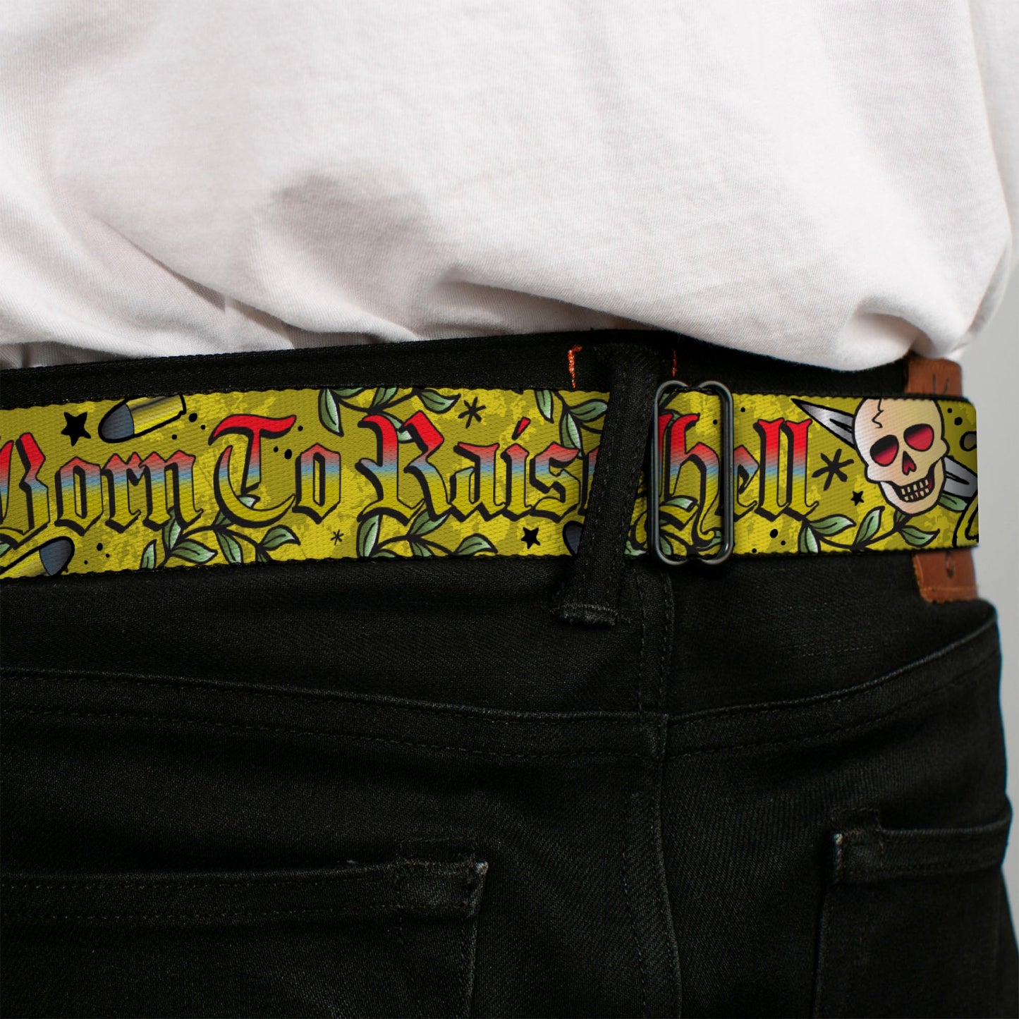 BD Wings Logo CLOSE-UP Full Color Black Silver Seatbelt Belt - Born to Raise Hell Yellow Webbing