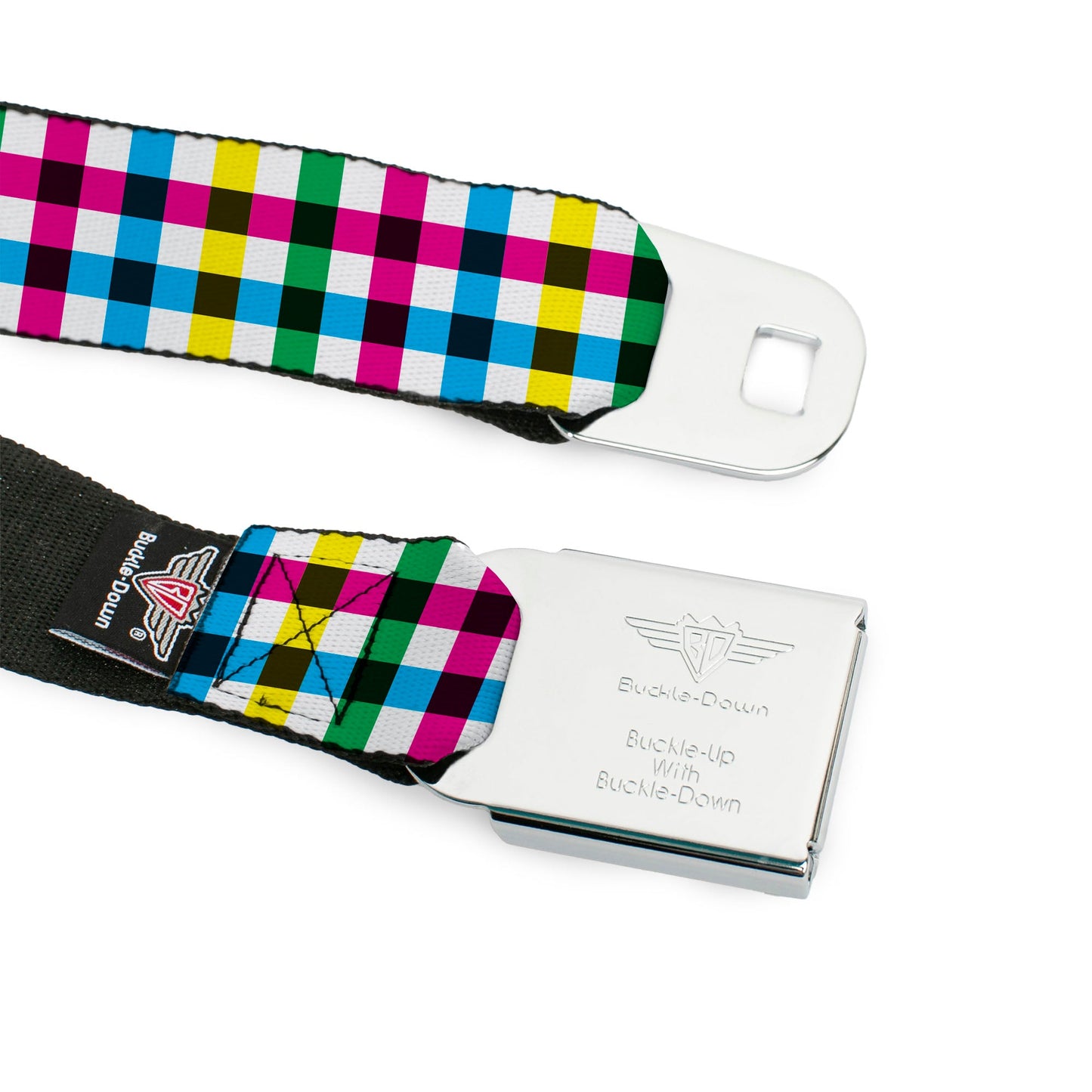 BD Wings Logo CLOSE-UP Full Color Black Silver Seatbelt Belt - Buffalo Plaid White/Multi Color Webbing