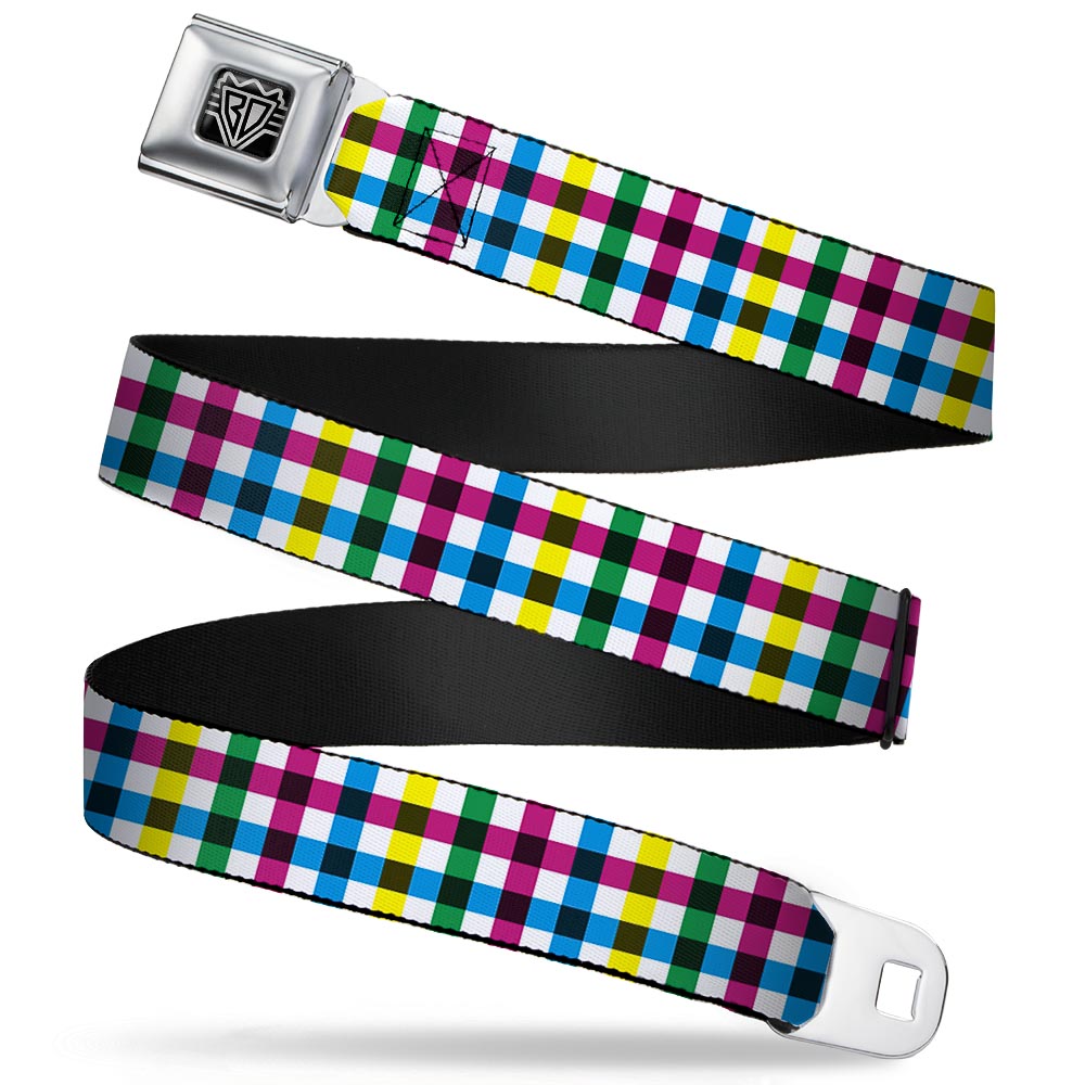 BD Wings Logo CLOSE-UP Full Color Black Silver Seatbelt Belt - Buffalo Plaid White/Multi Color Webbing