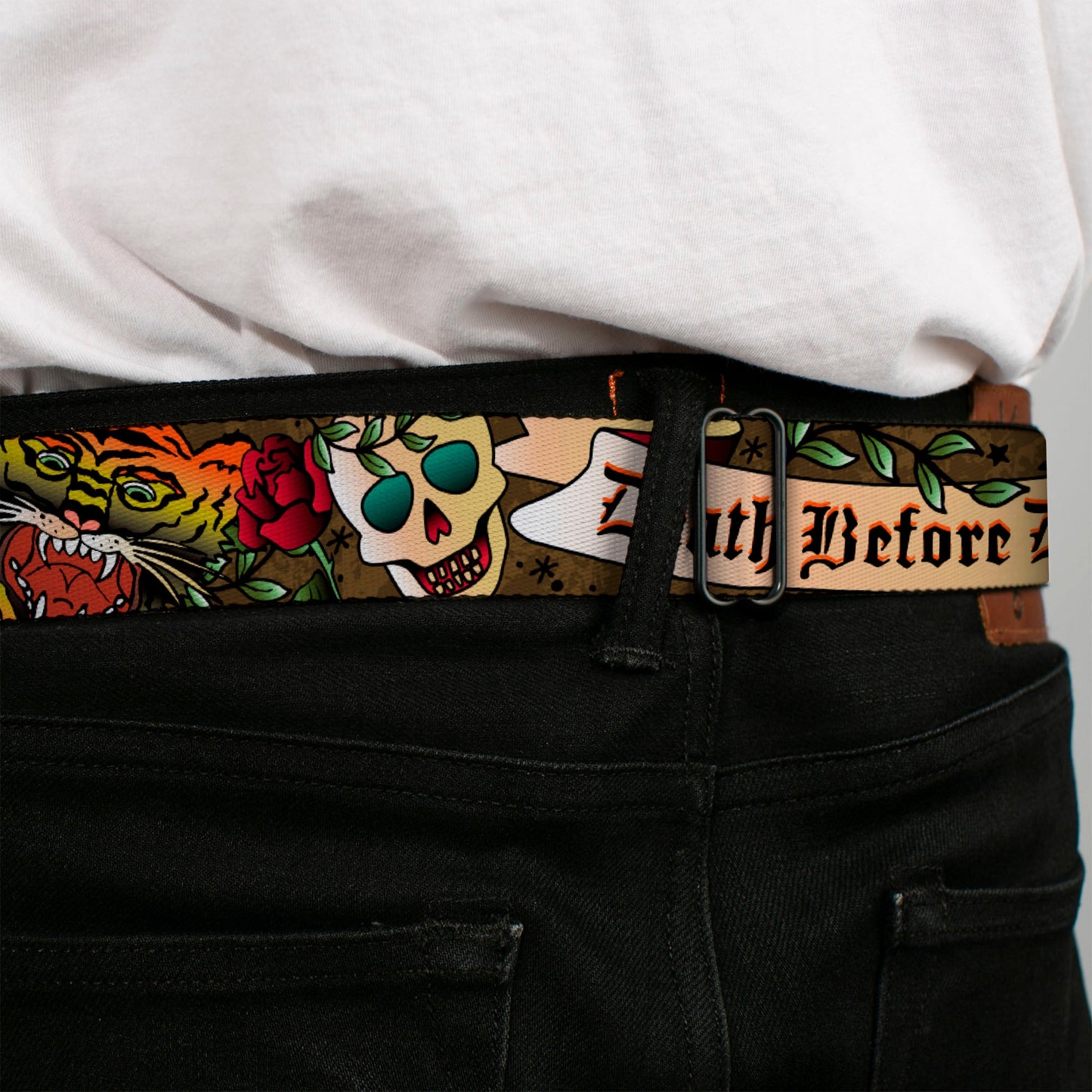 BD Wings Logo CLOSE-UP Full Color Black Silver Seatbelt Belt - Death Before Dishonor Olive Webbing