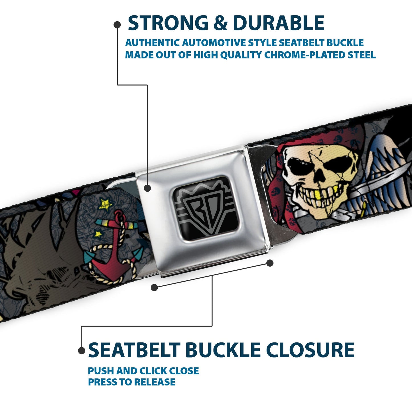 BD Wings Logo CLOSE-UP Full Color Black Silver Seatbelt Belt - Dead Men Tell No Tales Gray Webbing