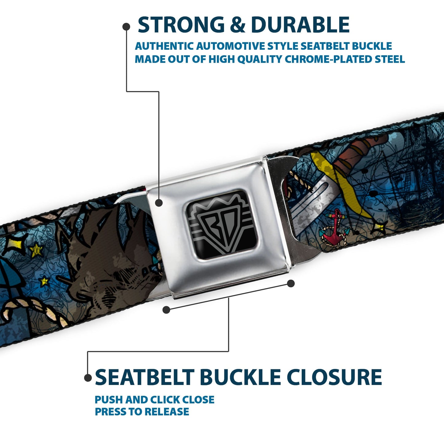 BD Wings Logo CLOSE-UP Full Color Black Silver Seatbelt Belt - Dead Men Tell No Tales CLOSE-UP Turquoise Webbing