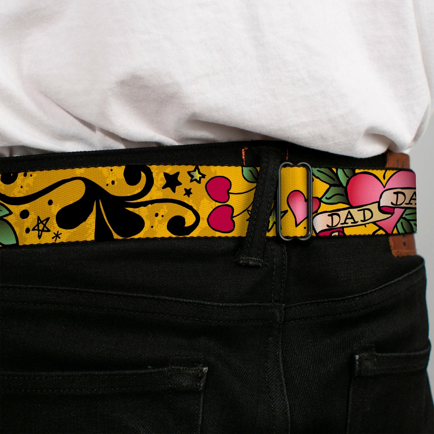 BD Wings Logo CLOSE-UP Full Color Black Silver Seatbelt Belt - Dad & Dad Yellow Webbing