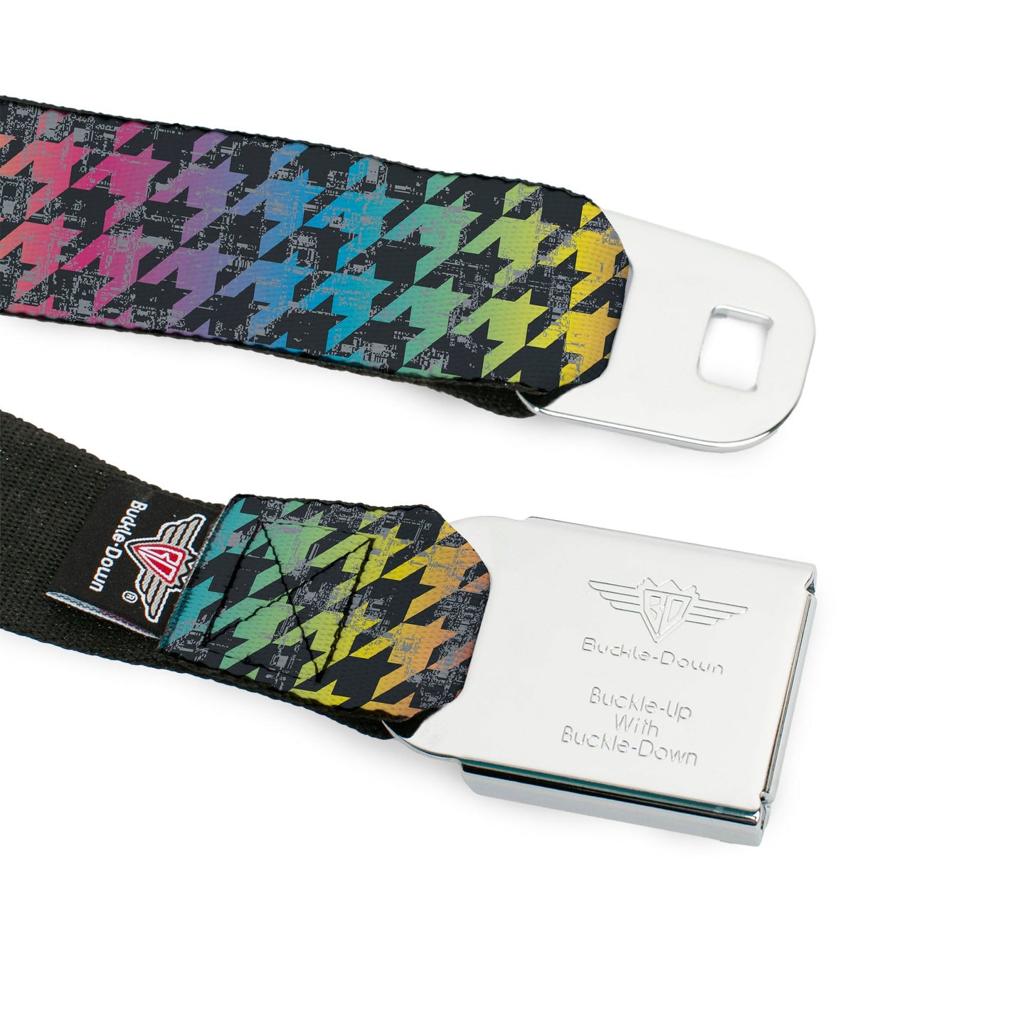 BD Wings Logo CLOSE-UP Full Color Black Silver Seatbelt Belt - Houndstooth Black/Rainbow Webbing