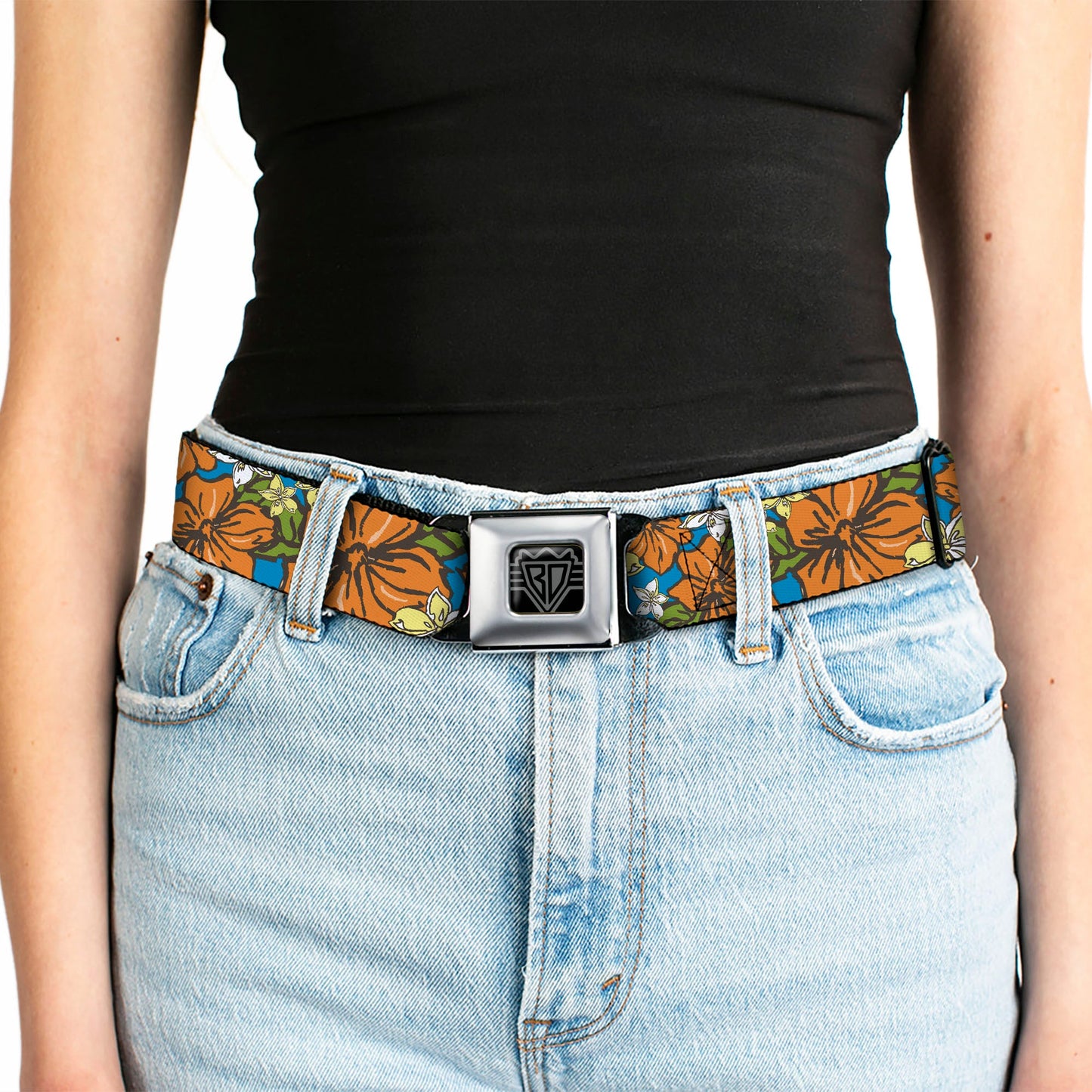 BD Wings Logo CLOSE-UP Full Color Black Silver Seatbelt Belt - Hibiscus Collage Blue/Orange/Yellow Webbing
